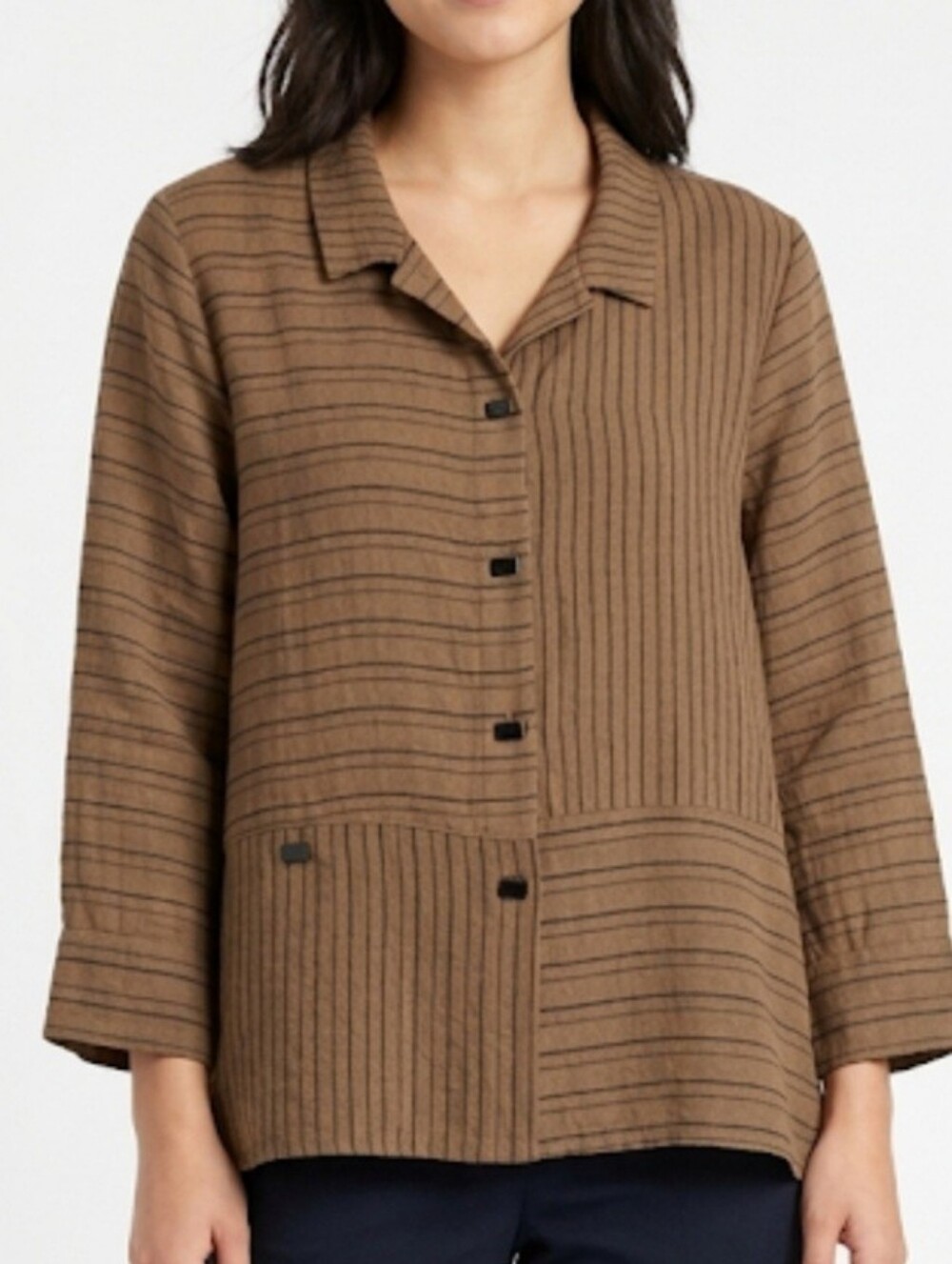 Habitat Blouse Top Light Brown Lagenlook Art To Wear Textured Crinkle Hi -Low